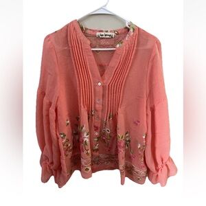 Hope Springs Blouse Women's Size L Coral Multicolor Floral Embroidery EUC Spring